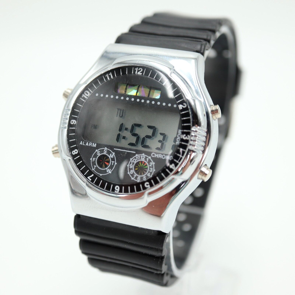 Vintage Digital Sports Watch 39mm Alarm Chrono Silver Black Strap w New Battery